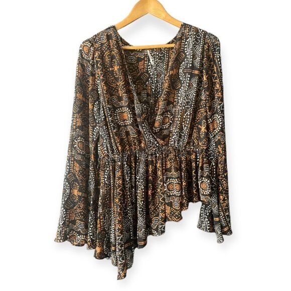 Free People Women's Long Sleeve Black And Brown Dotted V-Neck Blouse Size M - Picture 3 of 7